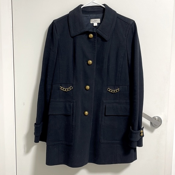 LOFT Jackets & Blazers - Ann Taylor Navy Lined Heavy Cotton / Canvas Coat with Gold Chain Accents